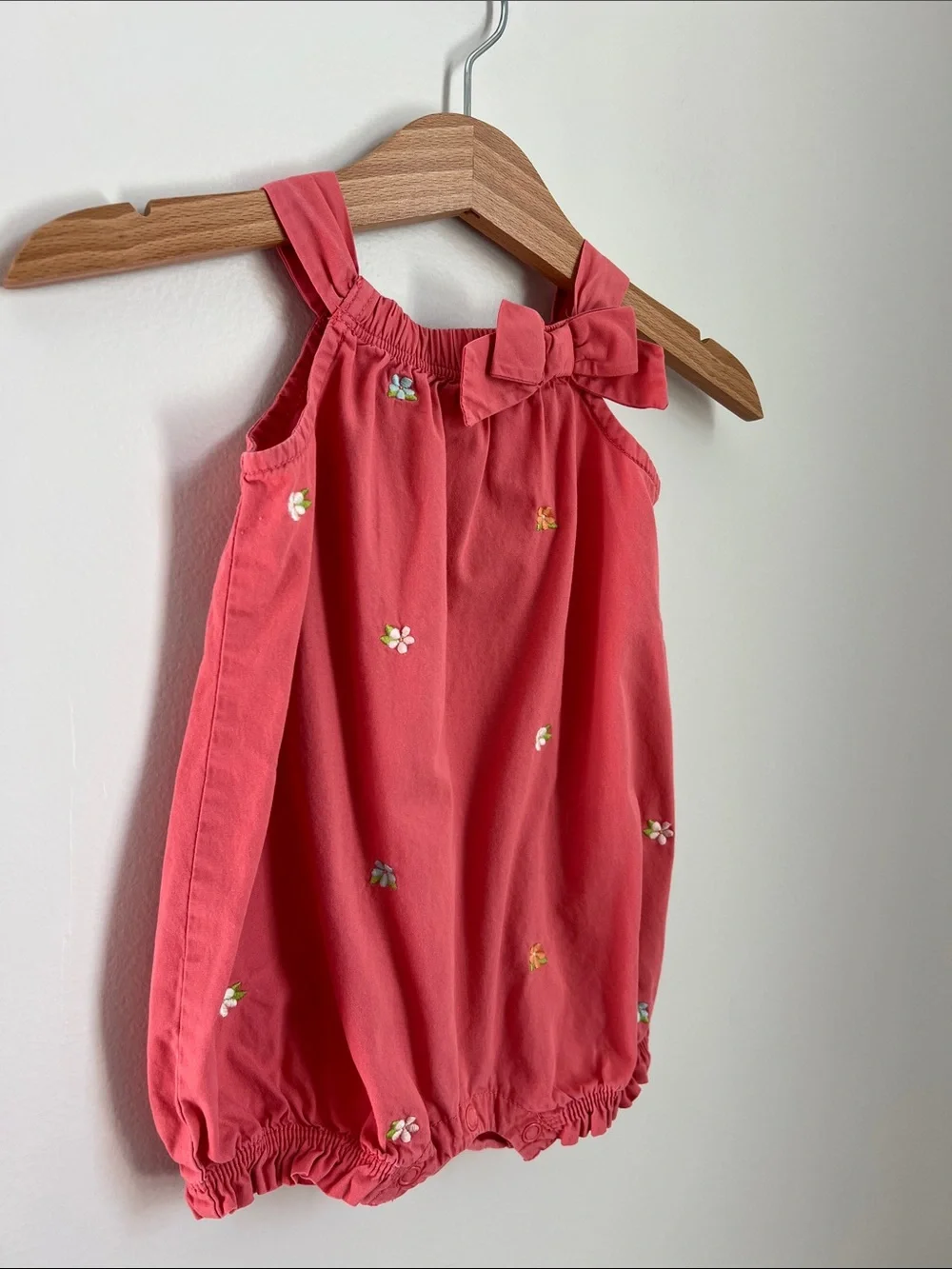 Gymboree | 100% Cotton Coral Baby Bubble Romper Bow Floral Embroidery Size 0-3M